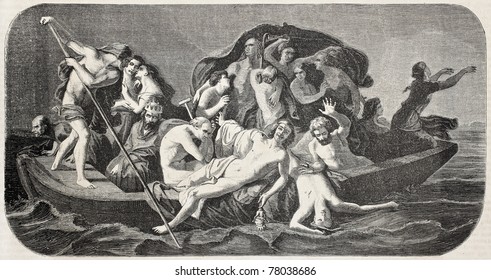 Old illustration of Charon's boat. Created by Feyen-Perrin, published on L'Illustration Journal Universel, Paris, 1857