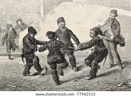 Old illustration of Chimney sweeps playing ring-a-ring o' roses. Created by Sain, published on L'Illustration Journal Universel, Paris, 1857