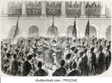 Old Illustration Of Cossack Dancer In Tbilisi Among Musicians And Crowd Holding Candles. Created By  Blanchard, Published On L'Illustration Journal Universel, Paris, 1857