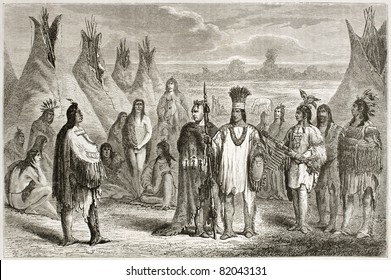Old illustration of Cree indians. Created by Pelcoq after Kane, published on Le Tour du Monde, Paris, 1860