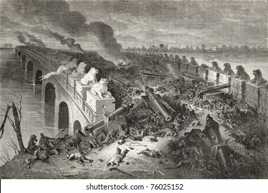Old illustration of Eight Mile Bridge (Baliqiao) after battle between Anglo-French forces and China during second Opium war. By Bayrad after sketch of Vaumort, publ. on Le Tour du Monde, Paris, 1864.