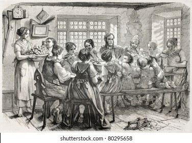 Old illustration of family meal in an Alsatian farm. Created bySchuler, published on L'Illustration Journal Universel, Paris, 1857