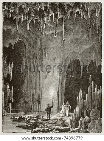 Old illustration of the Grotte des demoiselles (Maidens grotto). Original, by unknown author, was published on L'Eau, by G. Tissandier, Hachette, Paris, 1873 Stock fotó © 