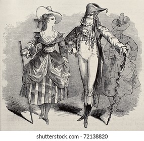 Old Illustration Of Masquerade Couple Costumes For Grand Masquerade Ball Of 1868 Season. Original, Created By Bertall, Was Published On L'Illustration, Jounrnal Universel, Paris, 1868