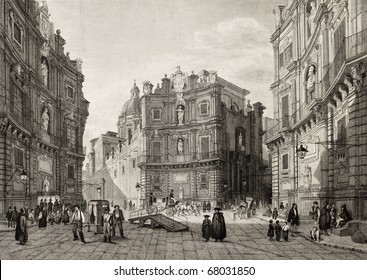 Old illustration of Quattro Cantoni in Palermo, Italy. Original engraving was created by B. Rosaspina and is datable to the first half of 19th c.