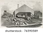 Old illustration of railway sleepers preparing for Union Pacific railroad. Created by Blanchard and Cosson-Smeeton, published on L