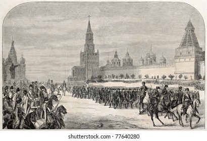 Old illustration of Russian Imperial's family Chasseurs parade in front of Moscow Kremlin. Created by Sorieul, published on L'Illustration Journal Universel, Paris, 1857