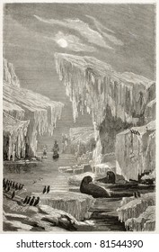 Old Illustration Of Sir John Franklin North Arctic Exploration. Created By Grandsire And Laly, Published On Le Tour Du Monde, Paris, 1860