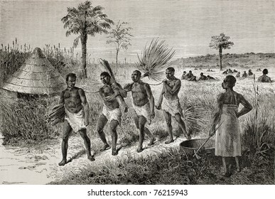 Alte Illustration von Sklaven in Unyamwezi Region, Tansania. Kreiert von Bayard, veröffentlicht auf Le Tour du Monde, Paris, 1864