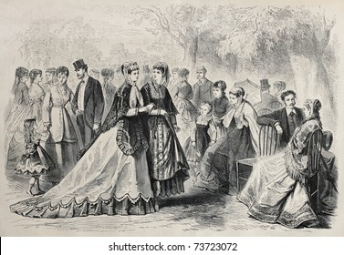 Old illustration of springtime fashion 1868 in Paris. Original, created by Pauquet, was published on L'Illustration, Journal Universel, Paris, 1868