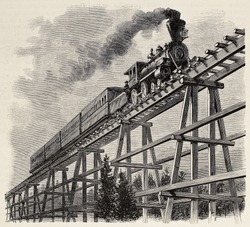 Old Illustration Of Train Crossing Wooden Trestle Bridge Along Union Pacific Railroad. Original, Created By Blanchard, Was Published On L'Illustration, Journal Universel, Paris, 1868