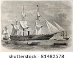 Old illustration of troops boarding in Spithead, England, leaving for India. By unidentified author, published on L