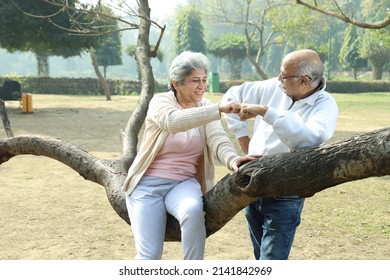 Old Indian couple having a good romantic time in the green park surrounded with a serene atmosphere and fresh air environment in day time. 