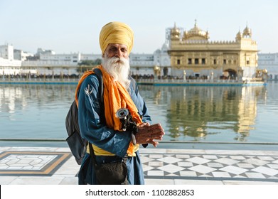 Old Indian Sikh Mans Portrait In Golden Temple. 26 February 2018 Amritsar, India.