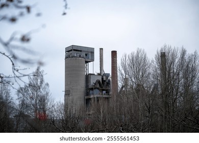 Old industrial factory with tall chimneys in a winter landscape, surrounded by leafless trees, under a cloudy sky. - Powered by Shutterstock