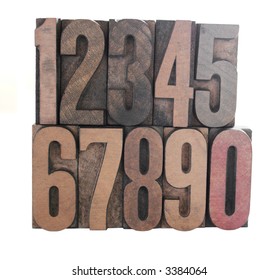 Old, Inkstained Wood Letterpress Type Numbers Isolated On White