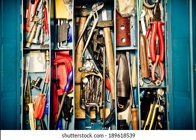 A Lot Of Old Instruments In Tool Box