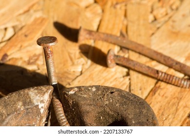 Old Iron Nails. House Building Tools.