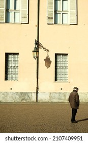 Old Italian Man Walking Alone In Center Of Turin