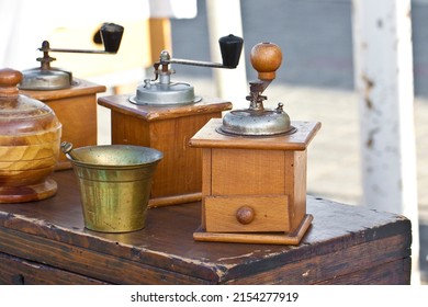 Old Italian Wooden Coffee Grinder Exhibited In A Street Flea Market.