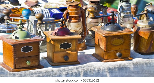 Old Italian Wooden Coffee Grinder Exhibited In A Street Flea Market (Italy)