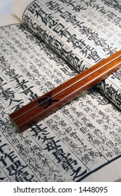 Old Japanese Book From Meiji Period With Chopsticks And Japanese Maple Leaf