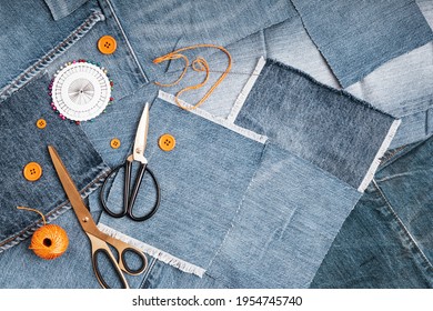 Old jeans upcycling idea. Crafting with denim, recycling old clothers, hobby, diy activity