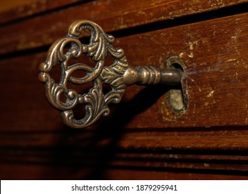 Old Key In The Keyhole, Macro Photo Of An Old Key, Murcia, Spain