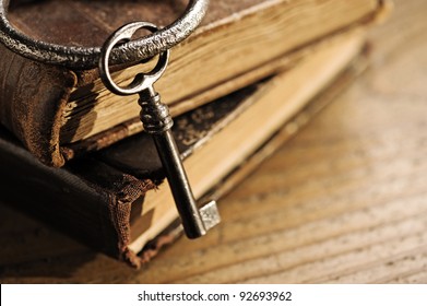 Old Keys On A Old Book, Antique Wood Background