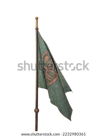 Old knight flag isolated on a black background.