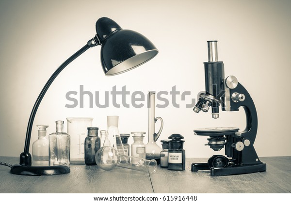 Old Laboratory Glass Retro Microscope Desk Stock Photo Edit Now