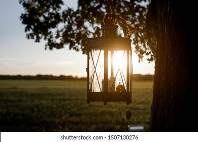 Old Lantern With Candle Hangs On Old Oak. Wedding Ceremony