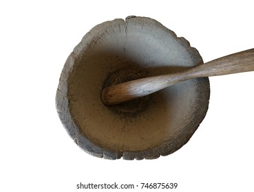 old large wood mortar isolated on white background. wood mortar and pestle. pounding grain in a mortar.         - Shutterstock ID 746875639