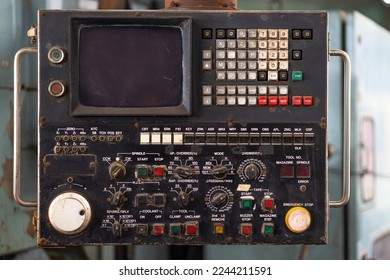 old lathe machine manual control panel with many button switch for metal CNC production data - Powered by Shutterstock