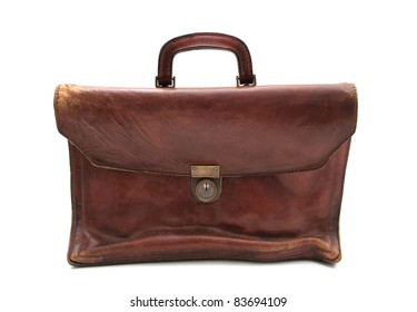 An Old Leather Bag On A White Background