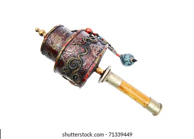 Old leather prayer wheel isolated on white