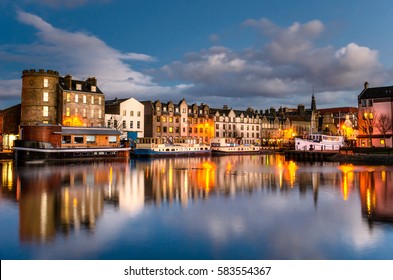 Old Leith Docks at Dusk and Reflection in Water. Edinburgh, Scotland.