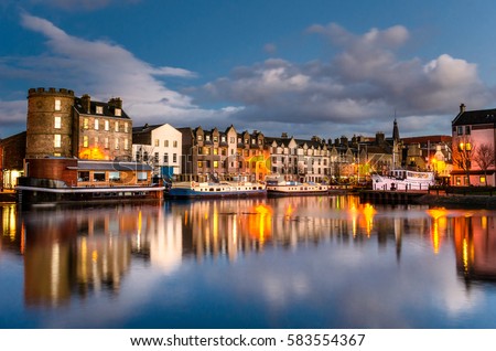 Old Leith Docks at Dusk and Reflection in Water. Edinburgh, Scotland.
