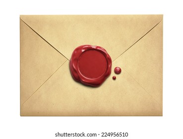 Old Letter Envelope With Wax Seal Isolated On White