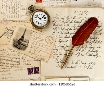 Old Letter And Post Cards With Feather Quill And Wax Seal. Vintage Background