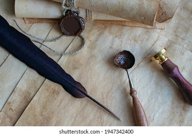 The Old Letter Is Sealed With Sealing Wax And A Seal In An Envelope. Scrolls With A Wax Seal.