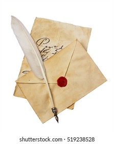 Old letter with vintage handwriting, envelope and feather pen isolated on white background