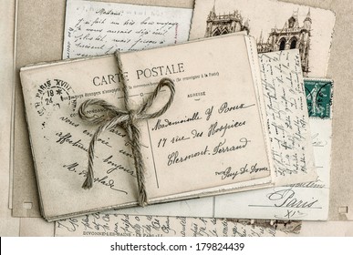 Old Letters And Antique French Postcards. Vintage Sentimental Retro Style Background