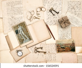 old letters, vintage accessories, diary and photos from Florence. Nostalgic sentimental background - Powered by Shutterstock