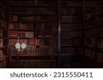 old library background, old books on bookshelves,  retro style