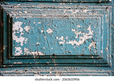 Old Light Blue Wooden Piece With Dry Cracked Paint With White Background. Dry Skin Abstract Visualisation Concept 