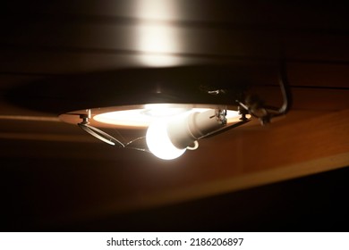 Old Light Bulb In A Socket On A Wooden Ceiling