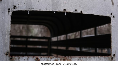 Old Livestock Trailer In Winter Weather With Ice.