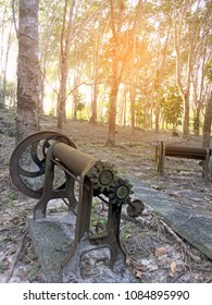 Old Local Rubber Extrusion Machine Used By Hand In Tapping Rubber, Rubber Plantation Lifes, Rubber Trees In Thailand.