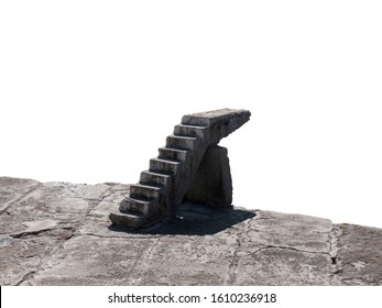 Old Lonely Stone Stairway On Concrete Base Side View Isolated On White